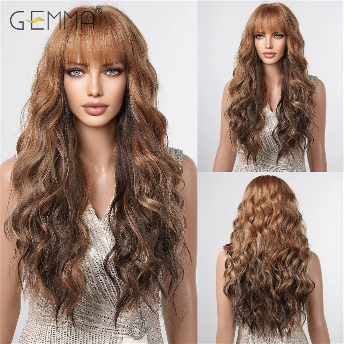 Long Wavy Light Ash Blonde Synthetic Wigs with Bangs for Women