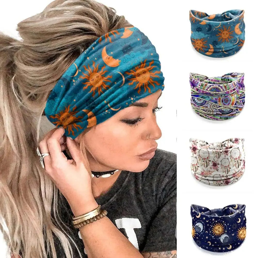 Boho Flower Print Wide Headbands Vintage Knot