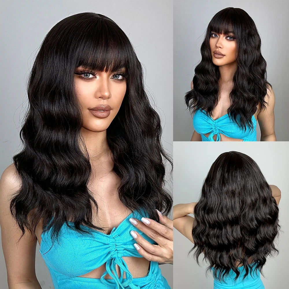 LOUIS FERRE Medium Length Wavy Synthetic Wigs With Bangs