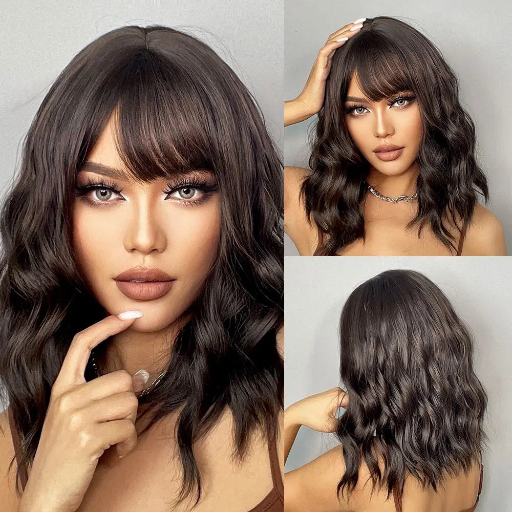 LOUIS FERRE Medium Length Wavy Synthetic Wigs With Bangs