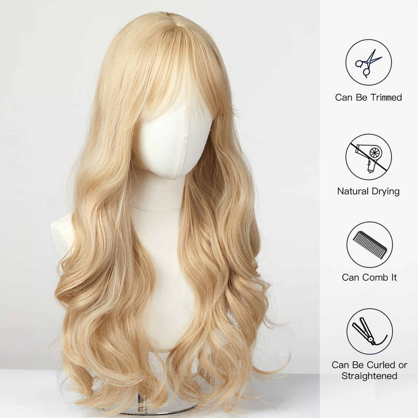 Long Wavy Light Ash Blonde Synthetic Wigs with Bangs for Women