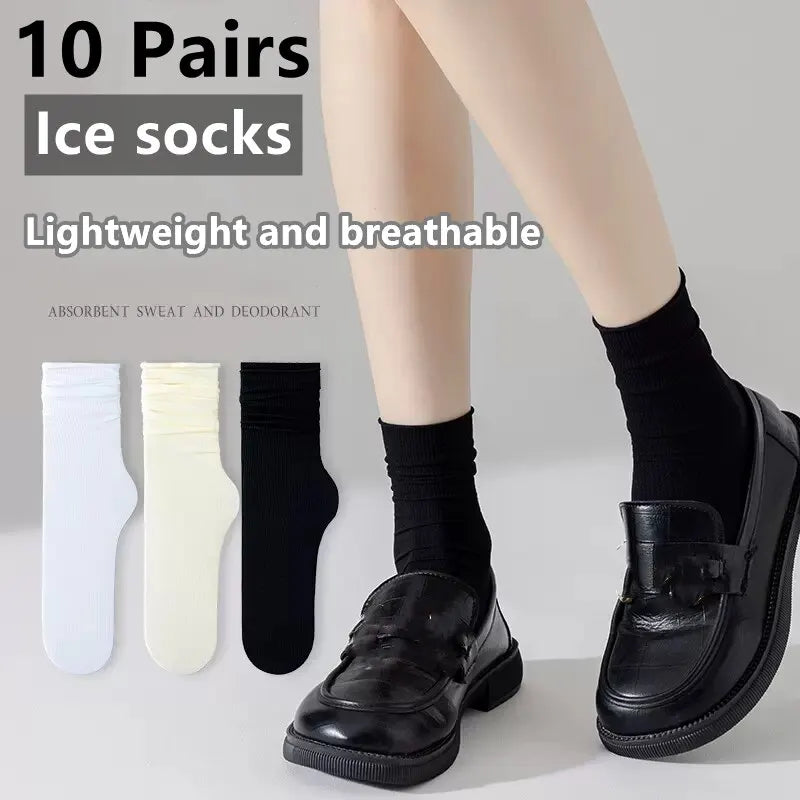 10 Pairs Thin Ice Silk Women's Long Tube Socks