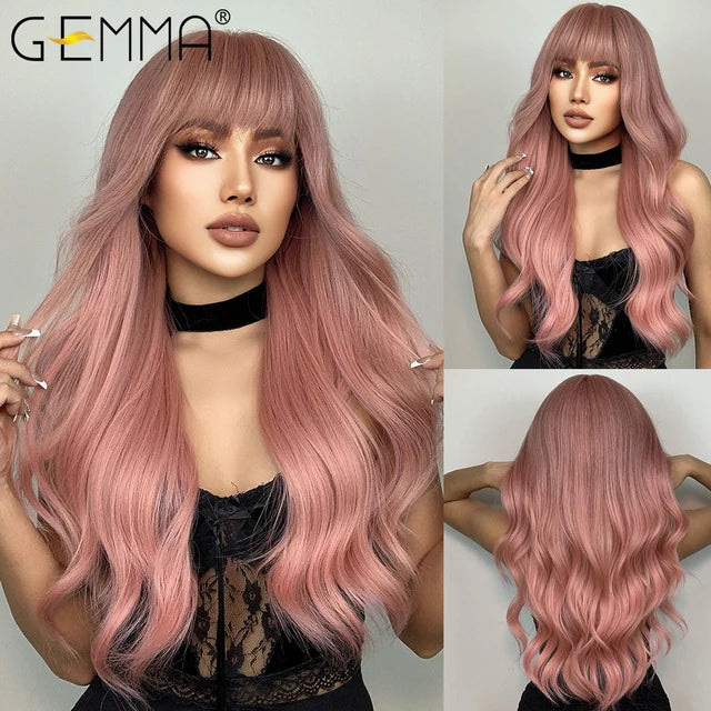 Long Wavy Light Ash Blonde Synthetic Wigs with Bangs for Women