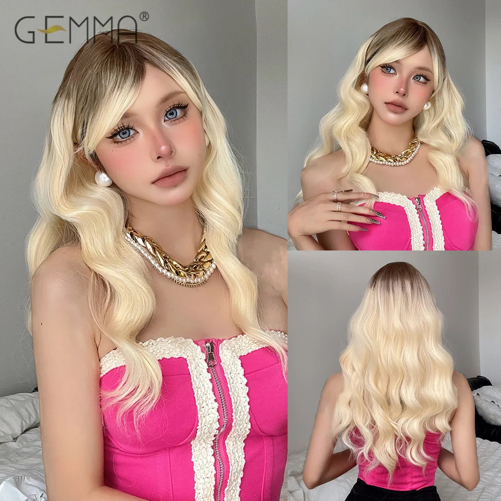 Long Wavy Light Ash Blonde Synthetic Wigs with Bangs for Women