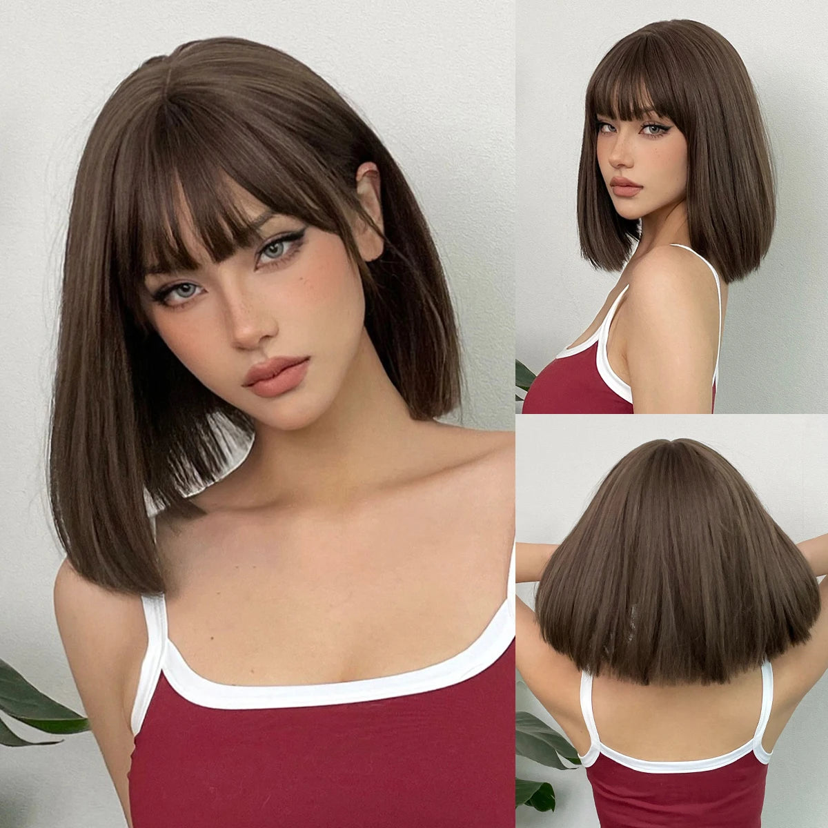 Short Black Brown Synthetic Natural Hair Wigs for Women