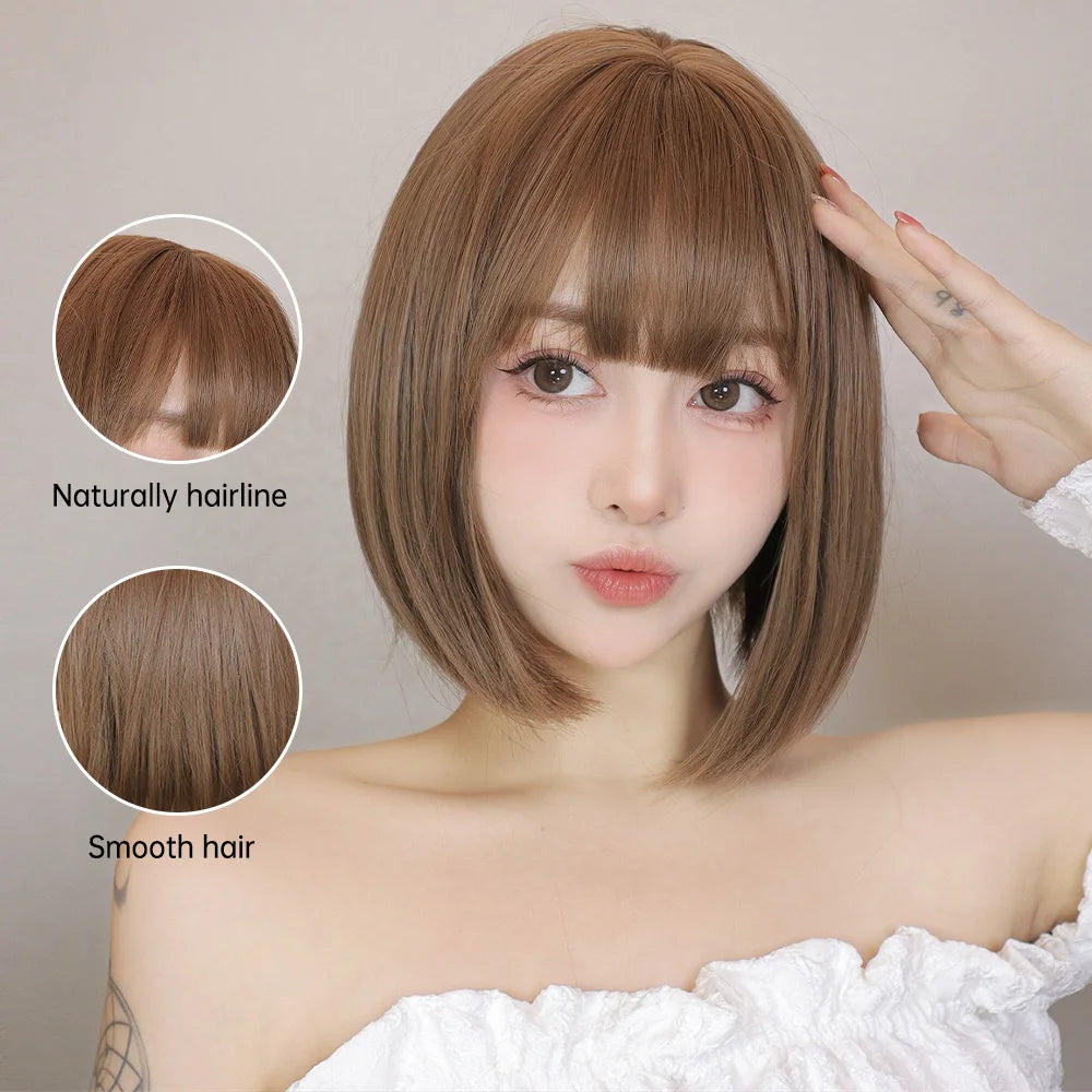 Light Brown Synthetic Wigs Straight Short Bob Cut