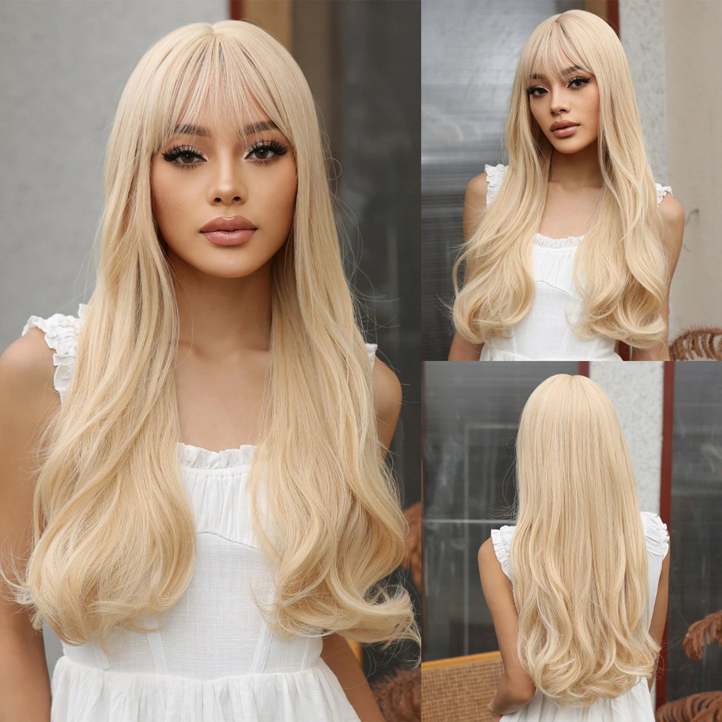 Long Wavy Light Ash Blonde Synthetic Wigs with Bangs for Women