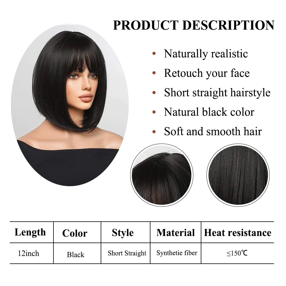 Bob Black Synthetic Wig with Bangs for Women Afro Short Dark Straight Wigs