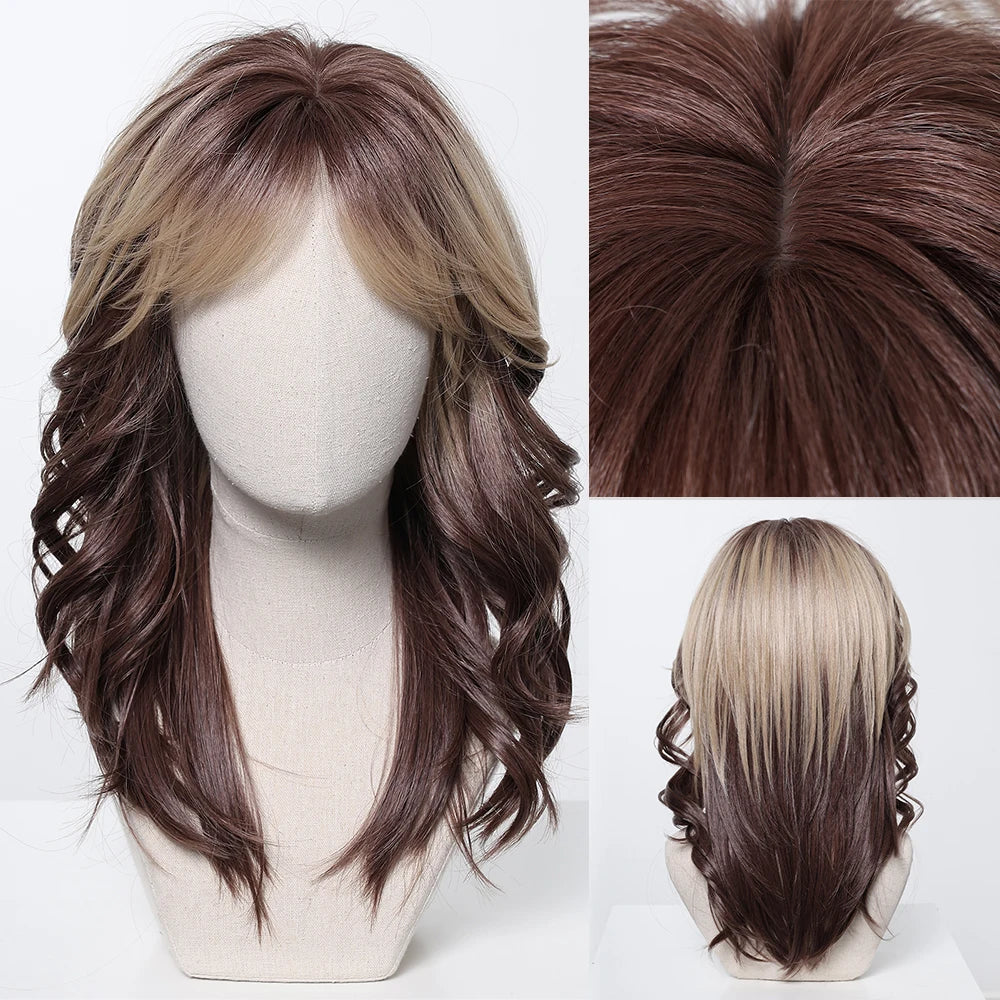 Brown to Orange Ombre Wavy Synthetic Wigs for Women Medium Length