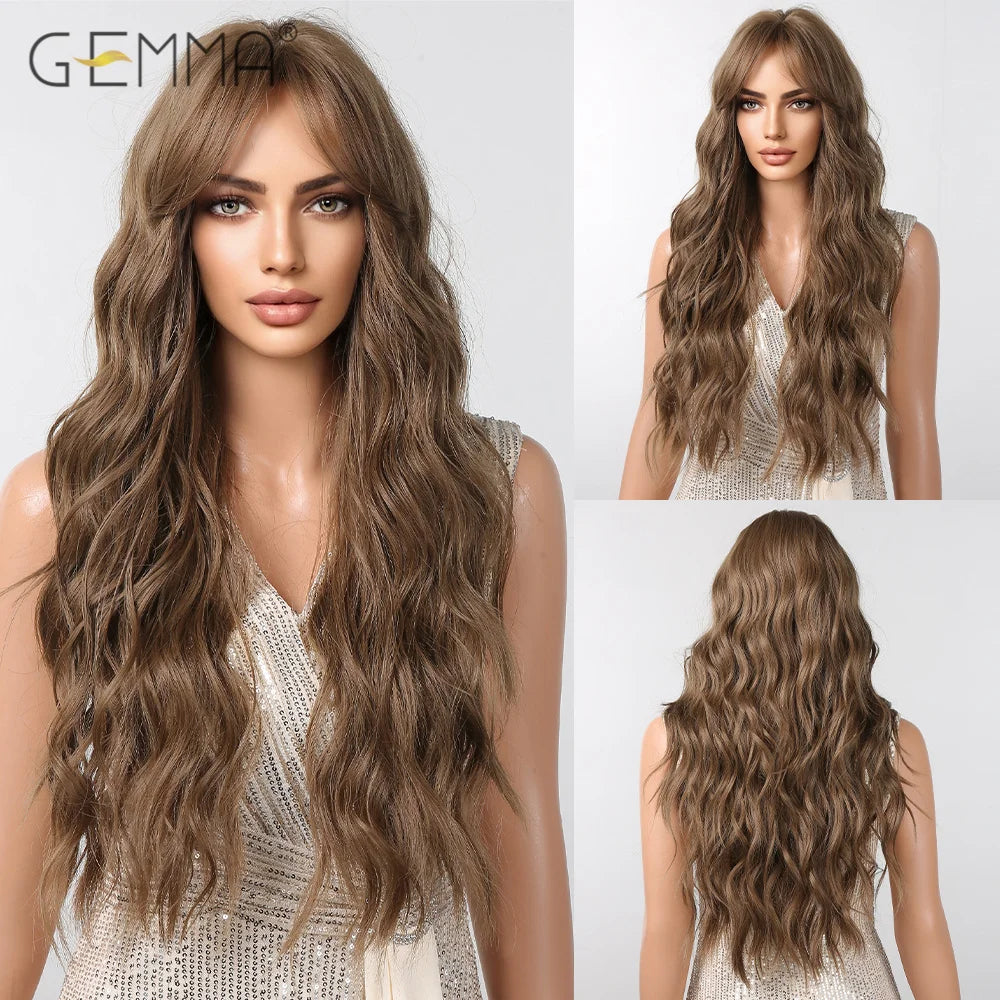 Long Wavy Light Ash Blonde Synthetic Wigs with Bangs for Women