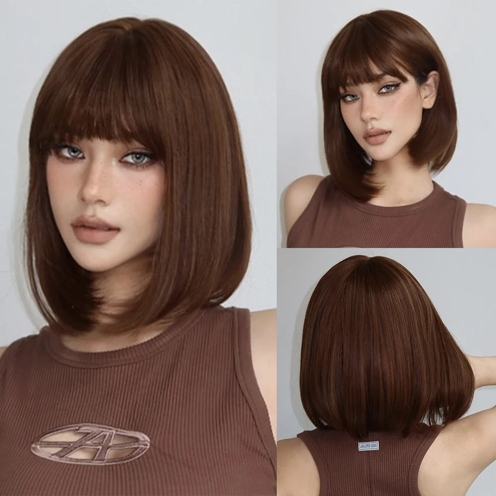 Short Black Brown Synthetic Natural Hair Wigs for Women