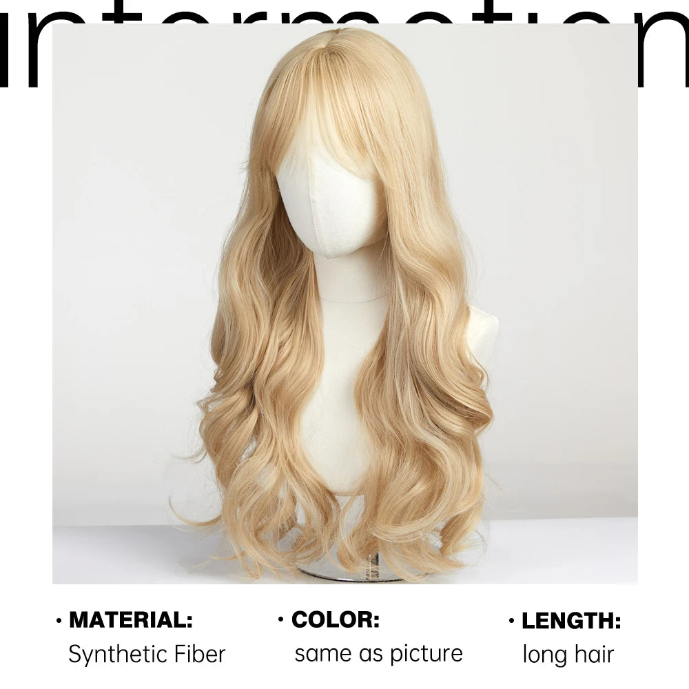 Long Wavy Light Ash Blonde Synthetic Wigs with Bangs for Women