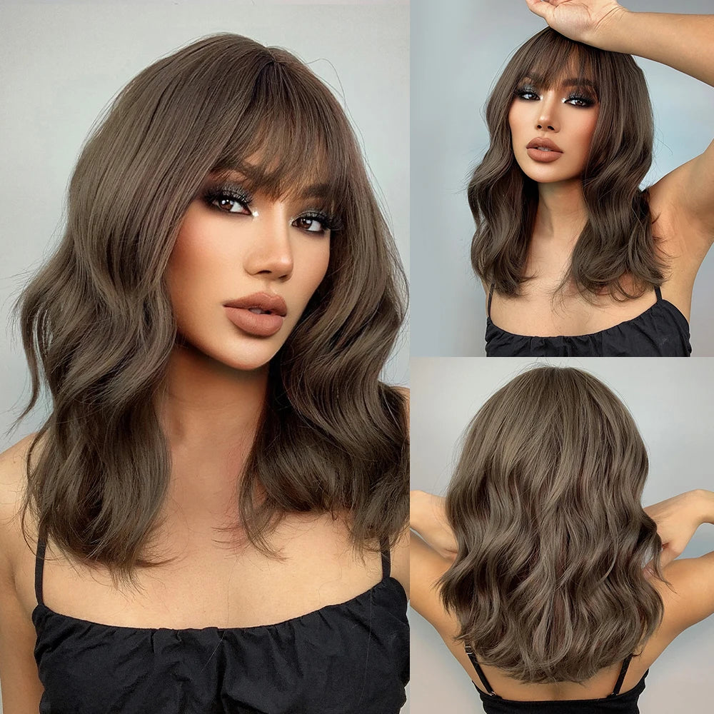 LOUIS FERRE Medium Length Wavy Synthetic Wigs With Bangs