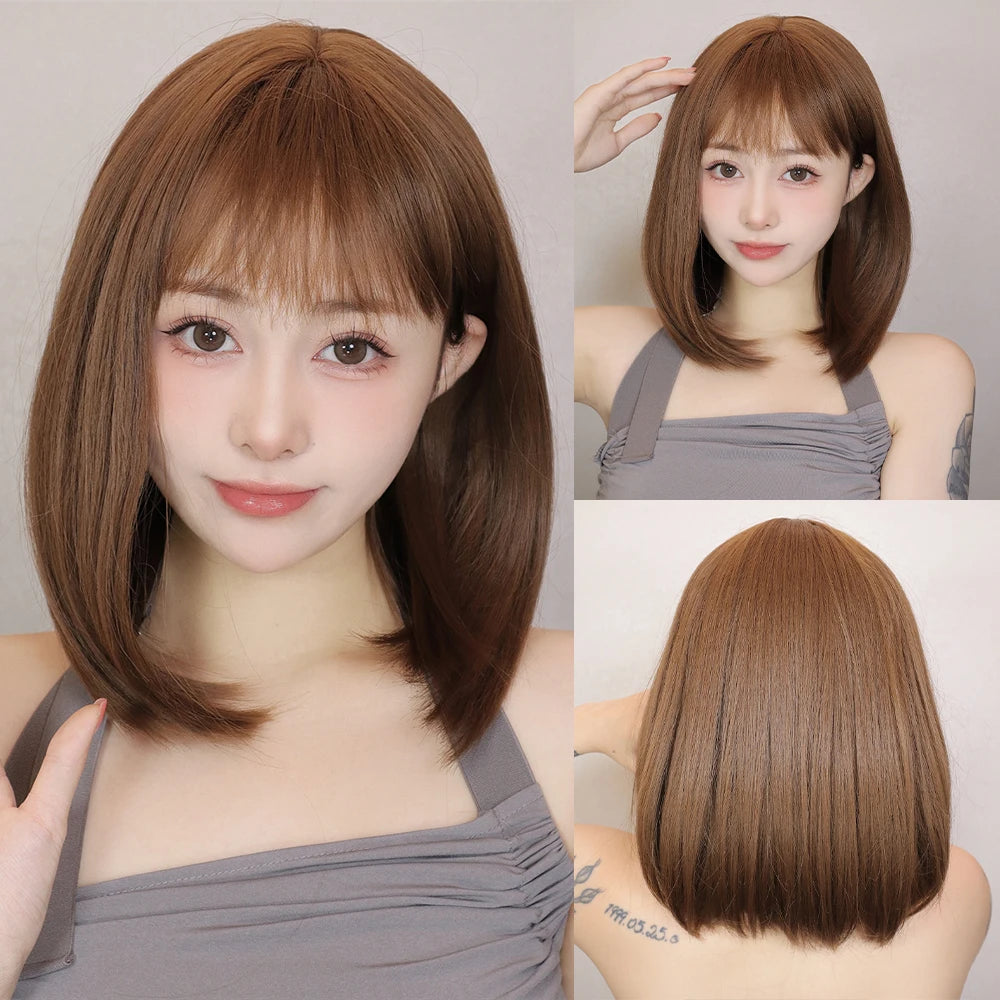 Light Brown Synthetic Wigs Straight Short Bob Cut