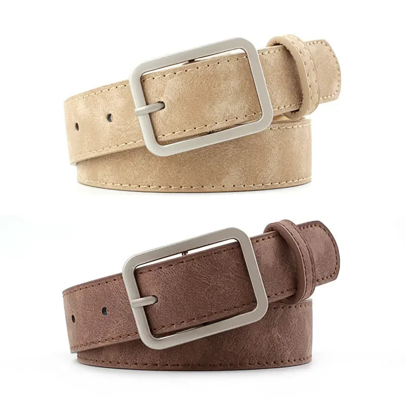 Fashion Square Pin Buckles Belts Women Silver Buckle Leather Belts