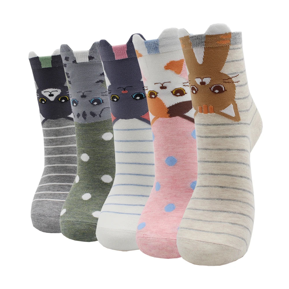 5 Pairs Fashion Colorful Kawaii Cute Cartoon Cotton Women Socks