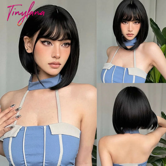 Bob Black Synthetic Wig with Bangs for Women Afro Short Dark Straight Wigs